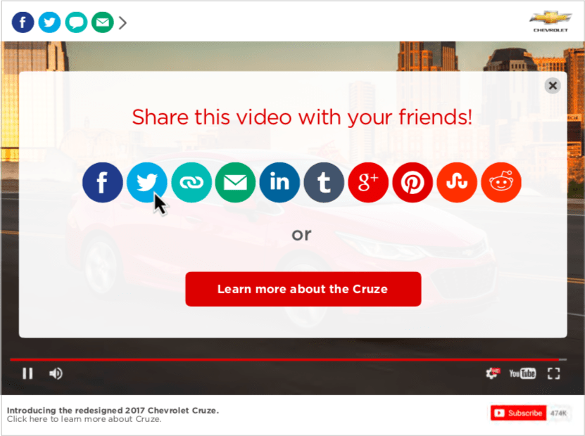 Engagement card featuring social media icons to share the video