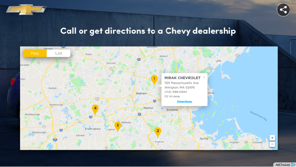Engagement card of a map of Chevy dealerships