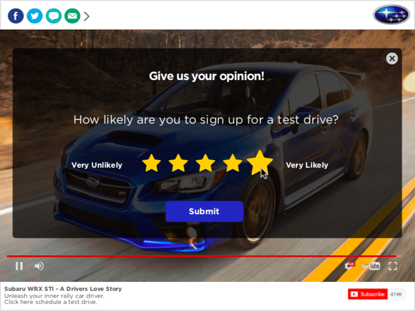 Subaru WRX STI engagement card asking for user opinion